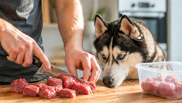 Dog Food Preparation with Husky Watching Fresh Meat on Kitchen Counter, for Pet Nutrition Brands, BARF Diet Content, Homemade Dog Meals, Raw Feeding Education, and Pet Care Posts
