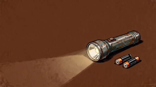 Rusty metal flashlight emitting beam with two AA batteries on brown background