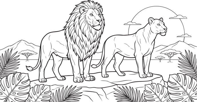 African lion and lioness resting on rocks, vintage hand-drawn vector engraving of savanna wildlife and safari animals.