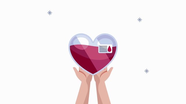 Blood donation flat illustration showing two cupped hands lifting a large medical heart pouch.