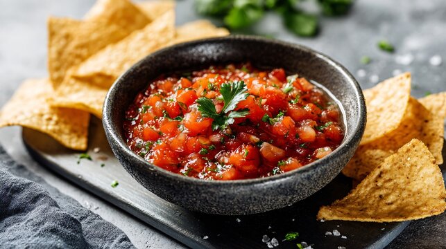 A fresh tomato salsa served in a bowl on a light stone surface, with tortilla chips arranged around for a casual food setting