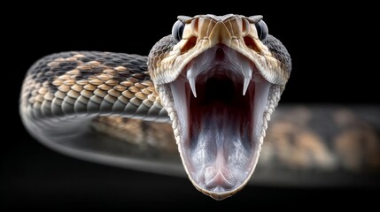 Fototapeta premium Large snake displays defense mechanism during confrontation in a dark setting