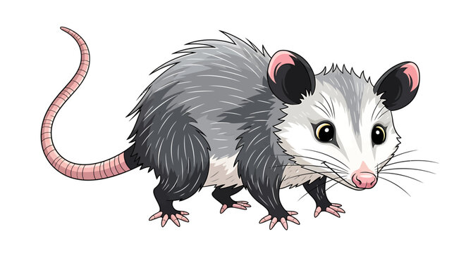 Illustration of a cute opossum with a long tail and pointy ears.