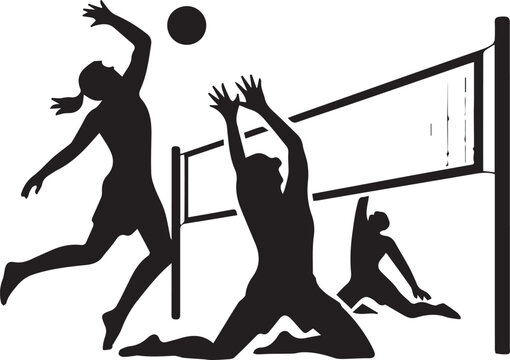 Volleyball players vector black silhouettes. female athlete jumping to spike ball, blocker and defender.
