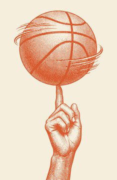 Basketball spinning on a finger retro halftone illustration