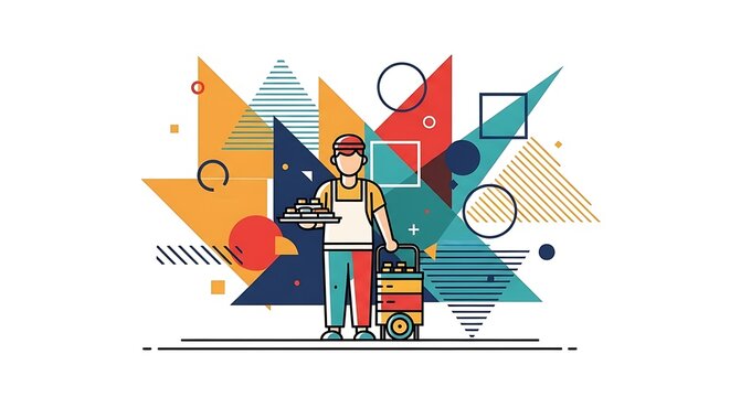 Delivery man with colorful geometric background.
