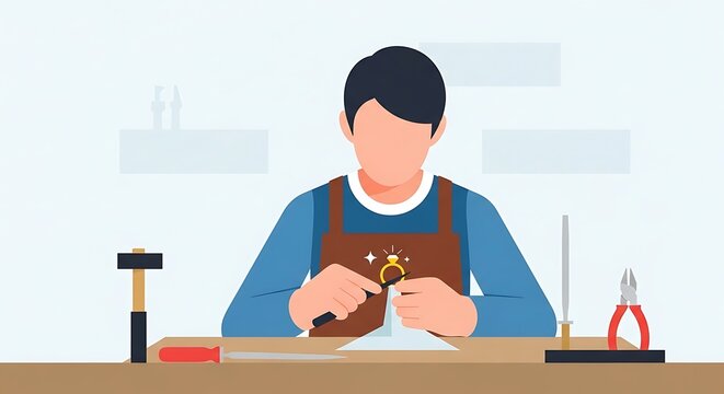Jeweler working on a ring at a workbench with tools.