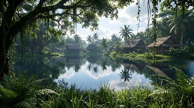 Serene tropical village with traditional huts nestled by a calm reflective lake surrounded by lush jungle greenery