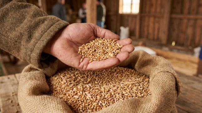 Rustic wheat grain in farmer's hand, organic cereal seeds in burlap sack, traditional agriculture harvest in wooden barn, raw golden wheat kernels