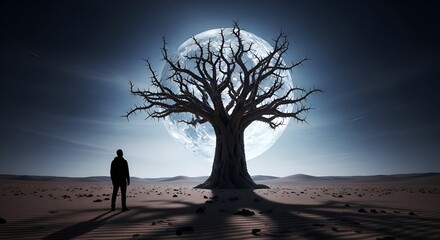 Fototapeta premium Solitary Figure Before Spooky Bare Tree Under Large Full Moon