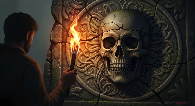 Explorer Discovering Ancient Skull Carving with Torchlight