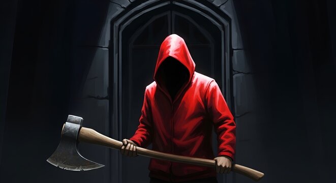 Mysterious Figure in Red Hoodie with Axe, Dark Gothic Entrance