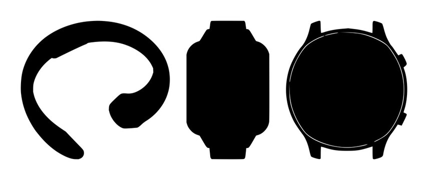 Fitness smartwatch set with solid black icon and white background featuring fitness wearable, smartwatch, wearable technology with health tracking and activity monitoring