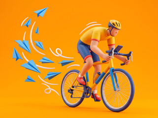 Fototapeta premium Cyclist riding fast with flying paper airplanes on road