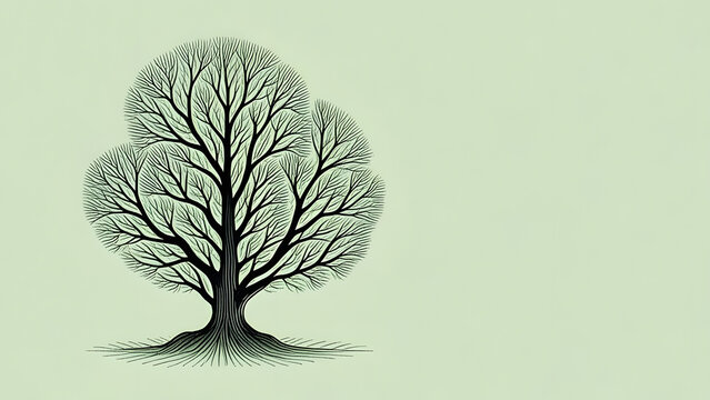 Stylized black leafless tree with intricate branches and roots on pale green background