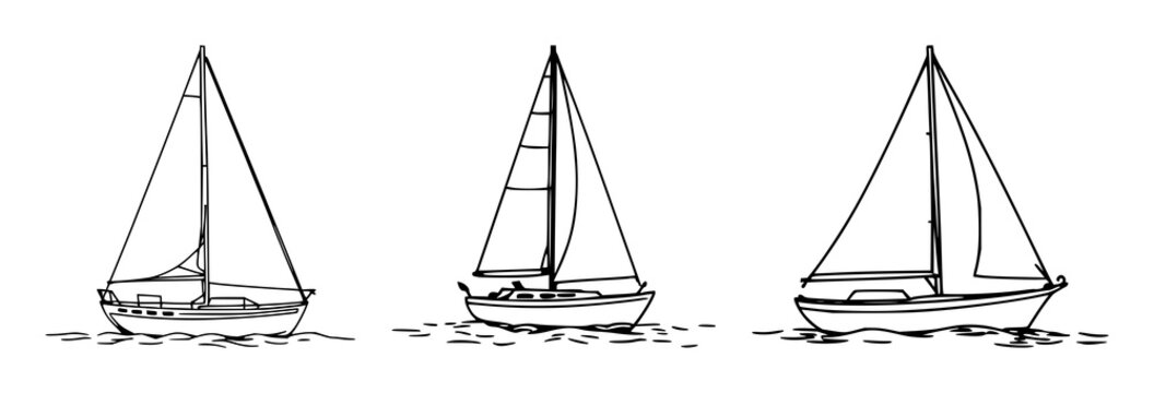 Sailboat set with stylized black line art on white background featuring nautical, icon, illustration with vector and minimalist