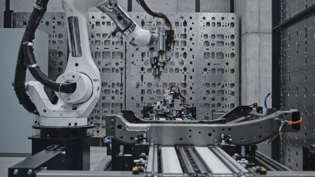 Automated robotic arm welding car chassis in modern factory