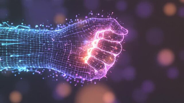 Digital futuristic glowing hand clenched into a fist with particles and bokeh effect, representing technology, power, and connection