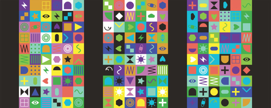 Vibrant colorful icons and shapes arranged in three columns on dark background