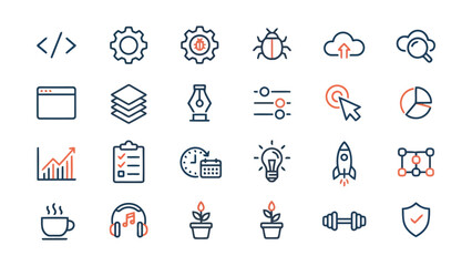 Obraz premium Professional set of thin line business and coding icons featuring web development analytics charts and time management symbols for modern digital interface and web design projects vector art