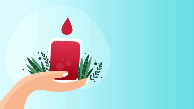 Blood donation banner featuring an elegant hand holding a medical bag with decorative leaves.