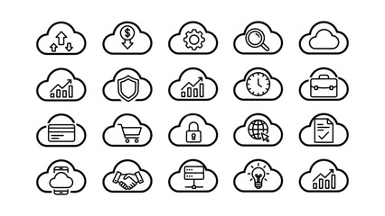 Fototapeta premium Collection of twenty four thin line icons for software development industrial automation and financial analytics featuring global reach and data processing symbols isolated on white background vector
