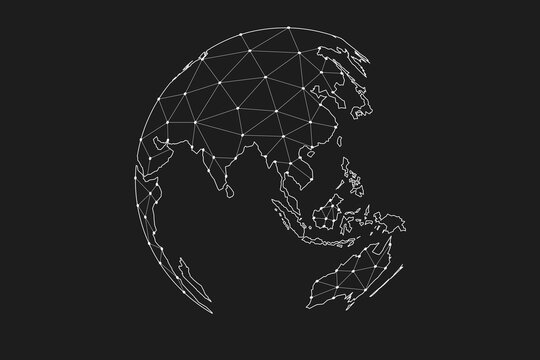 Vector illustration of a digital world map network sphere with glowing nodes and connection lines on a dark background. Concept of global cyber security, big data, and internet communication.