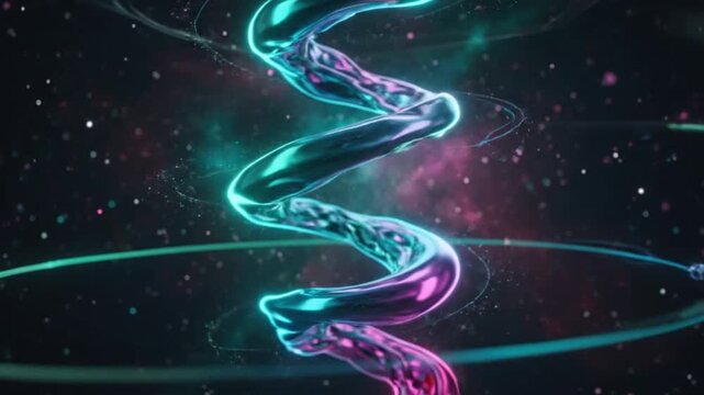 Hypnotic digital helix in vivid neon blue and magenta, coiling amidst a starry void, embodying the essence of futuristic science and technological evolution