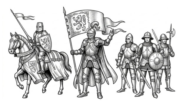 Vintage medieval cavalry and knight engraving vector illustration ancient warrior battle concept