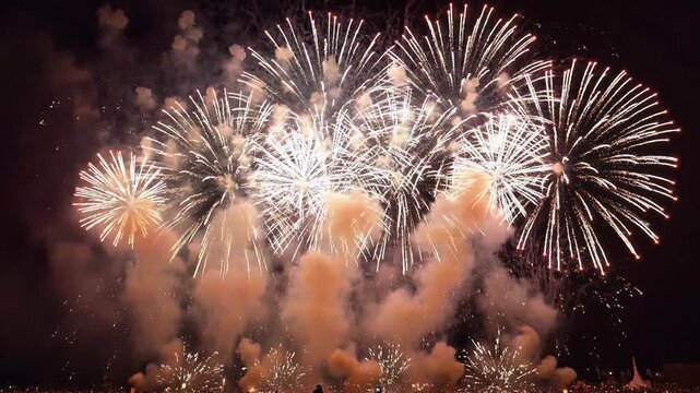 Colorful fireworks display exploding against a dark sky during a celebration
