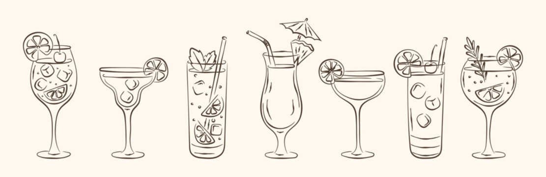 Summer beach cocktail line art vector set isolated on white background