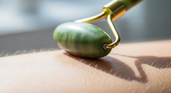 Close-up of a jade facial roller being used on skin.