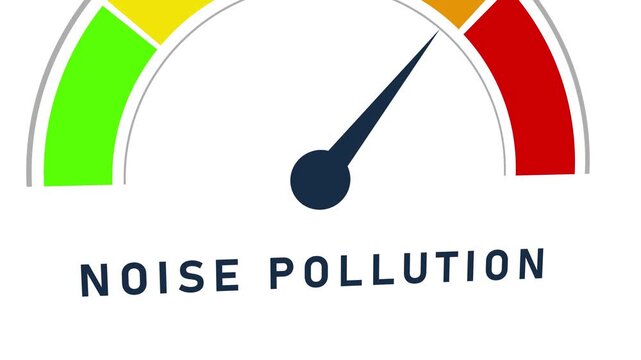 A conceptual of a noise pollution meter with a dark blue needle in the green zone indicating low levels of sound pollution, on a white background with a segmented color scale for
