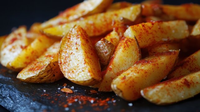 Close up of delicious thick cut seasoned potato fries
