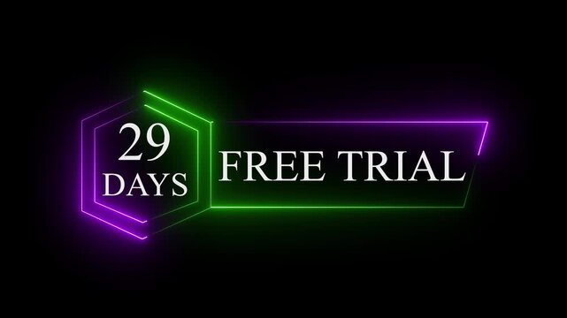Neon glowing 29 Days Free Trial Banner text icon  on black background. 29 days free trial label icon badge. Business products 29 days free trial offer video.