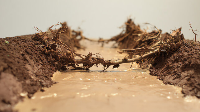 A close-up view of muddy soil with roots exposed, capturing the essence of nature's intricate ecosystems and the importance of soil health.