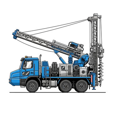 Blue drilling rig truck, heavy machinery for construction, mining, water wells.