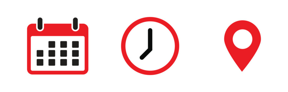 Calendar clock and location pin icon. Schedule time management navigation and appointment planning. vector Illustration