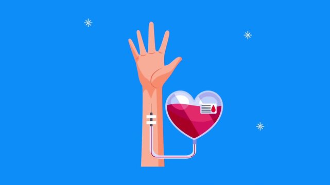 Blood donation graphic with an IV line attached to an arm filling a heart pouch.