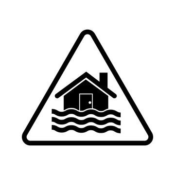 Minimal flood warning icon featuring a house submerged in water inside a warning triangle. Simple disaster alert symbol isolated on gray background suitable for insurance, climate, safety, and emergen