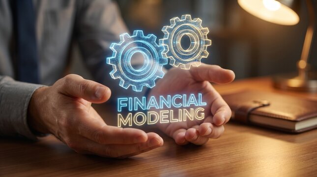 Hands holding glowing gears with financial modeling text, representing business strategy and planning.