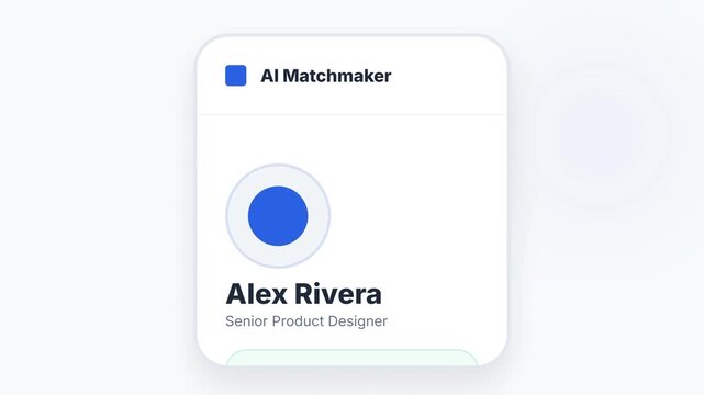 AI Matchmaker App Interface Showing Alex Rivera Senior Product Designer Profile.