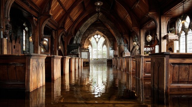 Serene Flooded Gothic Hallway with Reflections and Wooden Architecture in a Mystical Atmosphere
