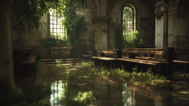 Abandoned Church Interior with Overgrown Plants and Water Reflection in Light-filled Atmosphere