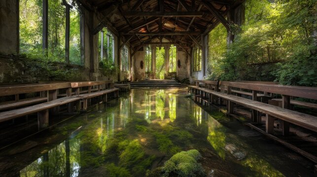 Serene Abandoned Chapel Surrounded by Lush Greenery with Calm Water Reflections and Rustic Wooden Benches