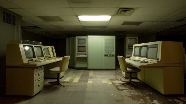 Retro computer room with vintage monitors, empty space, and muted colors, evoking nostalgia and technology from the past