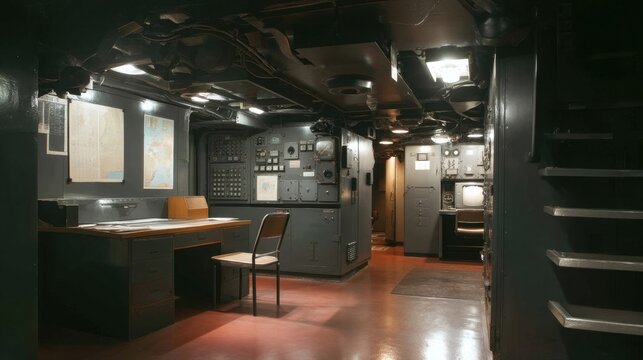 Vintage Maritime Control Room with Monitors, Switchboards, and Maps in a Dark Atmosphere for Nautical History Study