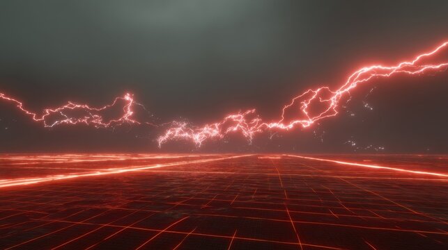 Dramatic Lightning Effects Over a Futuristic Landscape with Dark Clouds and Neon Red Light Trails