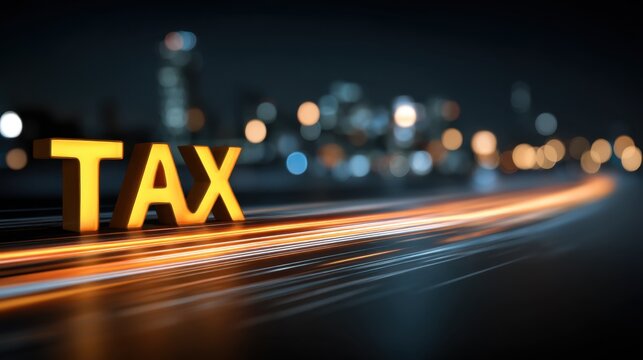 Illuminated Tax Sign with City Lights in Background at Night, Representing Financial Concepts and Economic Awareness