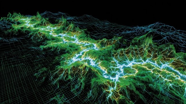 Electric Storm Over Abstract Terrain with Glowing Green and Blue Lines in a Dark Background